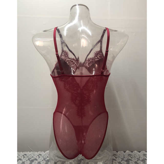 Red Mesh Splicing Lace Bodysuit TQK550277-3