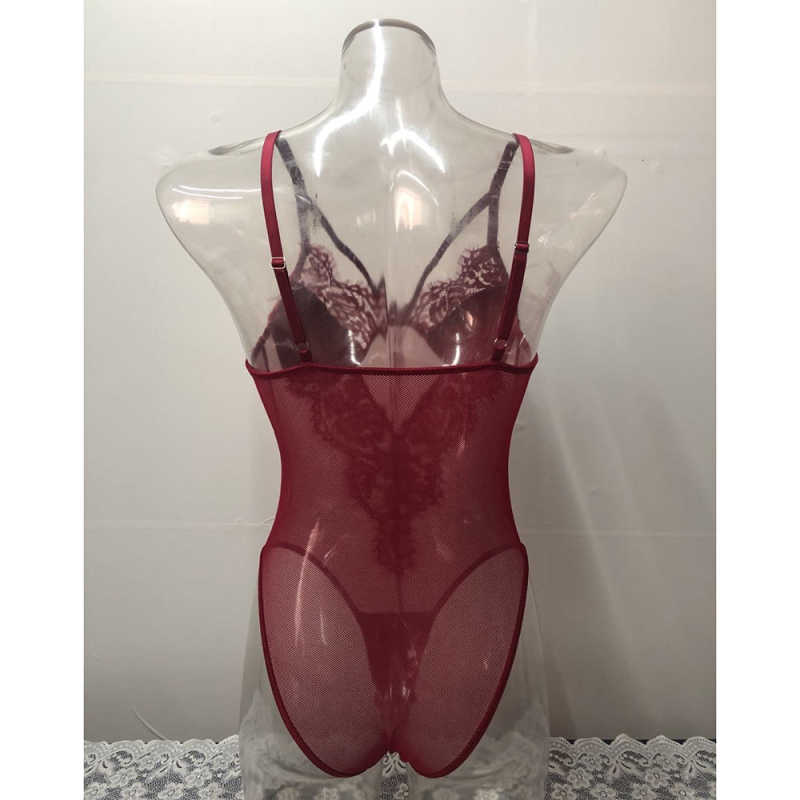 Red Mesh Splicing Lace Bodysuit TQK550277-3