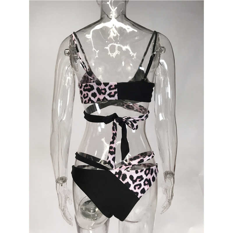 Leopard Printed Splice Black Cut-out Bikini Set TQK610259-20