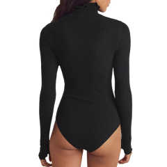 Black Ribbed High Collar Long Sleeve Bodysuit TQV220125-2