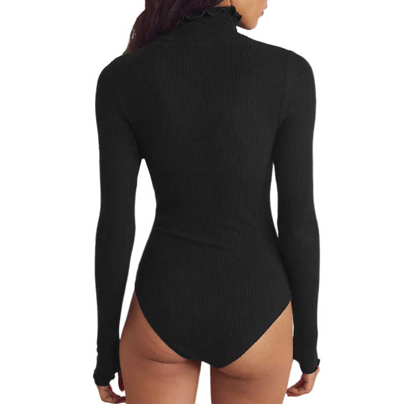 Black Ribbed High Collar Long Sleeve Bodysuit TQV220125-2