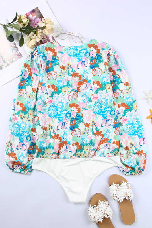 Sky Blue Floral Print Wrap Long Sleeve Bodysuit LC6421132-4