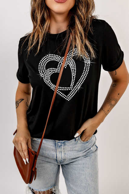 Black Shining Heart Pattern Valentines T Shirt LC25219498-2