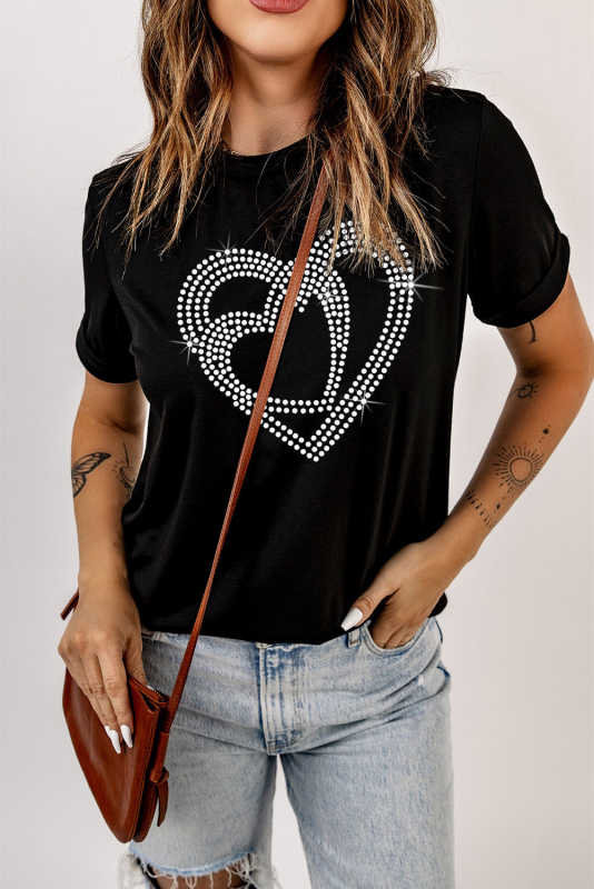 Black Shining Heart Pattern Valentines T Shirt LC25219498-2
