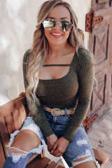 Olive Strappy Hollow-out Scoop Neck Long Sleeve Leopard Bodysuit LC6421125-9