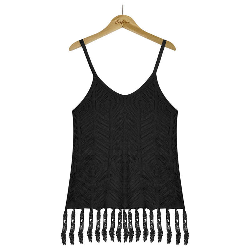 Black Hollow-out See Through Camisole Beach Cover TQK250226-2