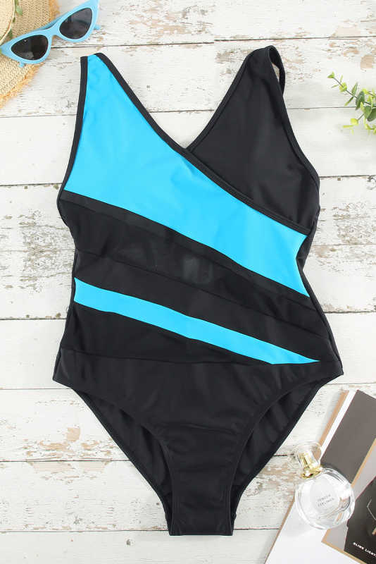 Blue Colorblock Mesh Backless One-piece Swimwear LC442720-5