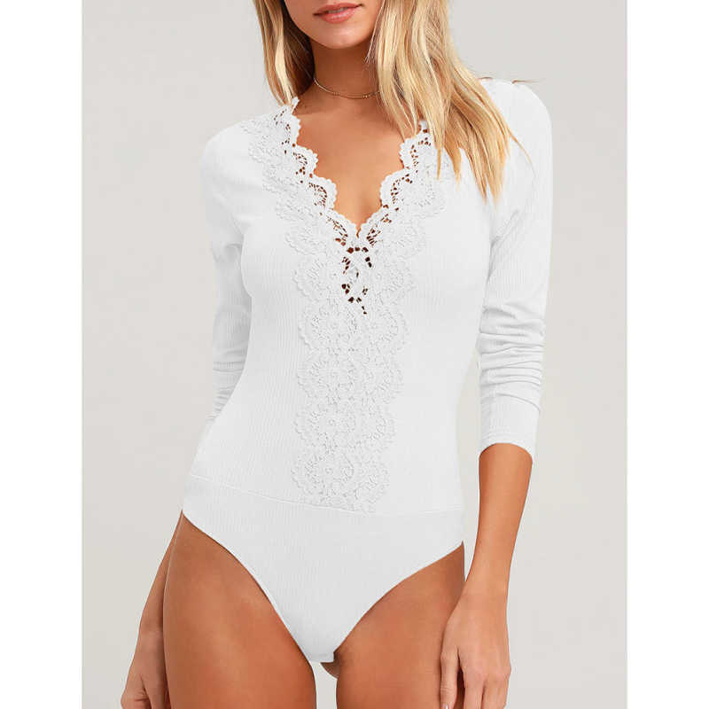 White Lace V Neck Long Sleeve Bodysuit TQV220109-1