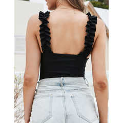Black Rib Ruffled Sleeveless Square Neck Bodysuit TQX551129-2