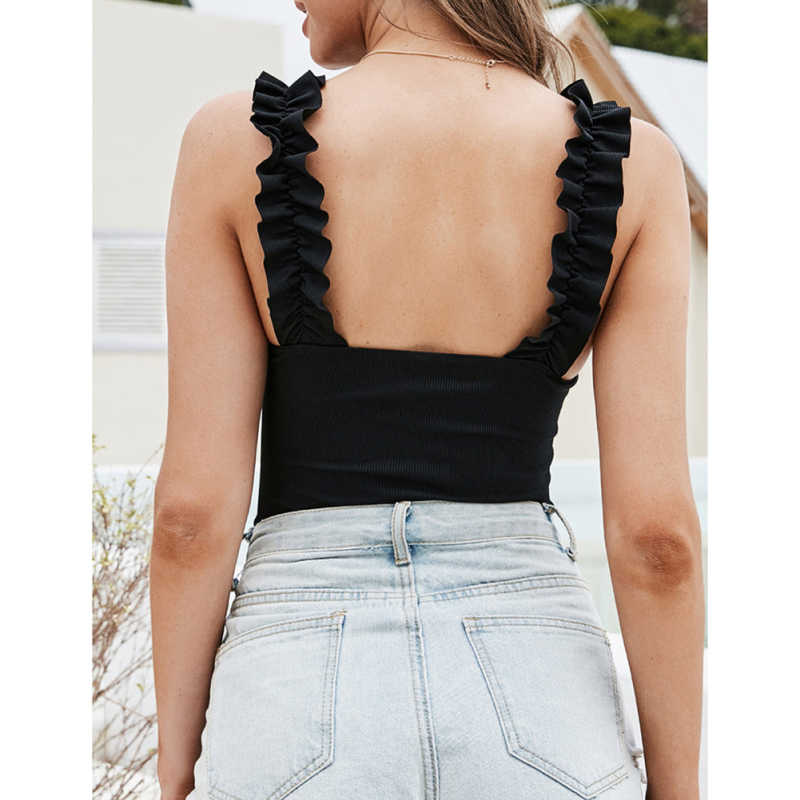 Black Rib Ruffled Sleeveless Square Neck Bodysuit TQX551129-2