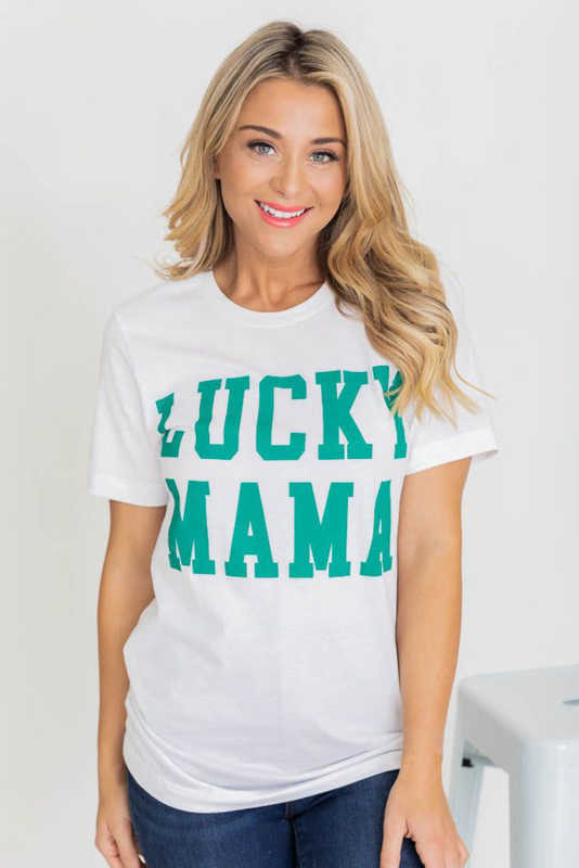 White LUCKY MAMA Letters Print Tee LC25219698-1