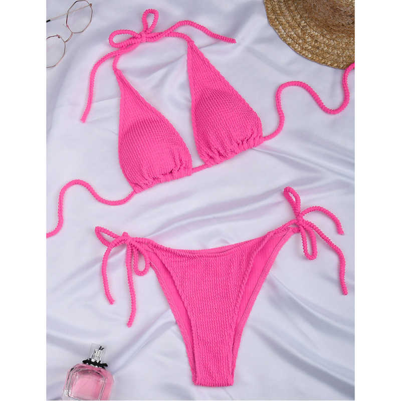 Pink Solid Triangle Bikini Set TQK610265-10