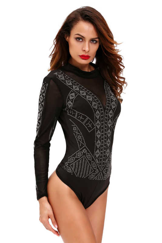 Black Long Sleeve Bodysuit With Back Open LC32062-2
