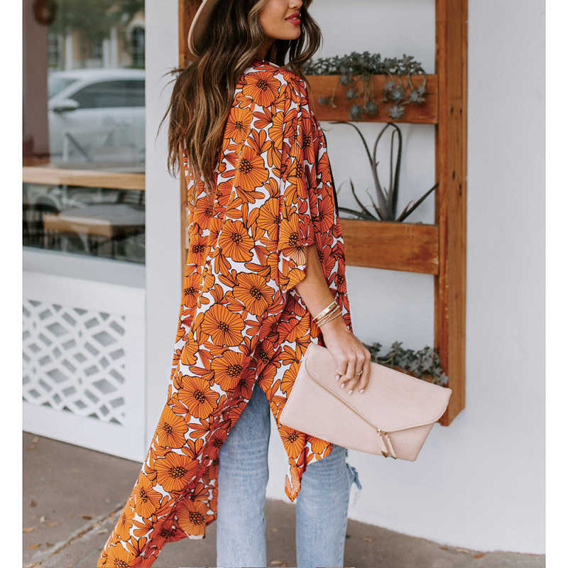 Orange Floral Print 1/2 Sleeves Chiffon Kimono TQK650089-14