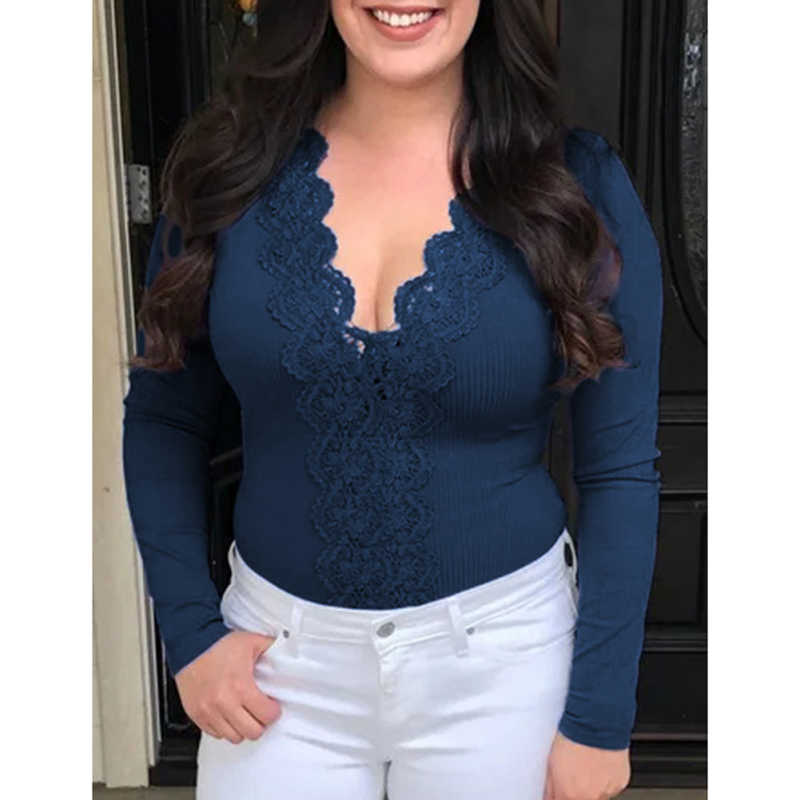 Navy Blue Lace V Neck Long Sleeve Bodysuit TQV220109-34