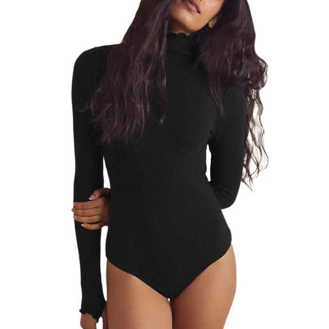 Black Ribbed High Collar Long Sleeve Bodysuit TQV220125-2