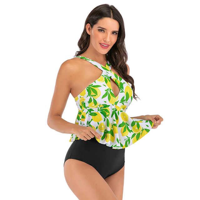 Light Green Floral Print Cross Ruffled  Tankini Set TQK610148-28