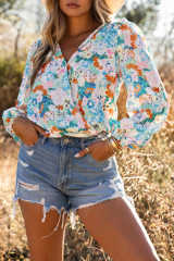 Sky Blue Floral Print Wrap Long Sleeve Bodysuit LC6421132-4
