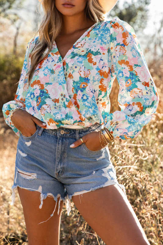 Sky Blue Floral Print Wrap Long Sleeve Bodysuit LC6421132-4