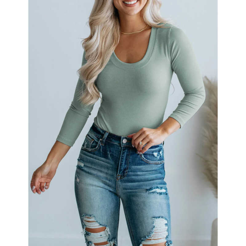 Greyish Green U Neck Ribbed Long Sleeve Bodysuit TQV220126-50