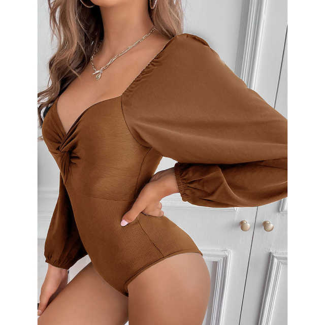Khaki Twisted Rib V Neck Long Sleeve Bodysuit TQV220138-21