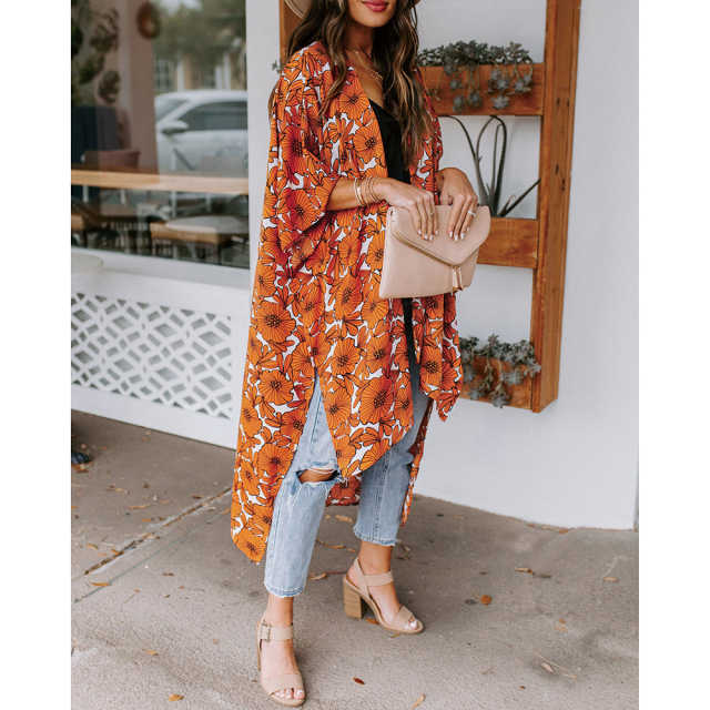 Orange Floral Print 1/2 Sleeves Chiffon Kimono TQK650089-14
