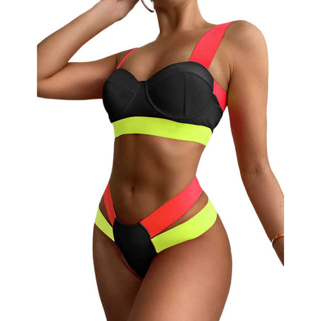 Black Contrast Steel Boned Bandage Bikini Set TQF610001-2