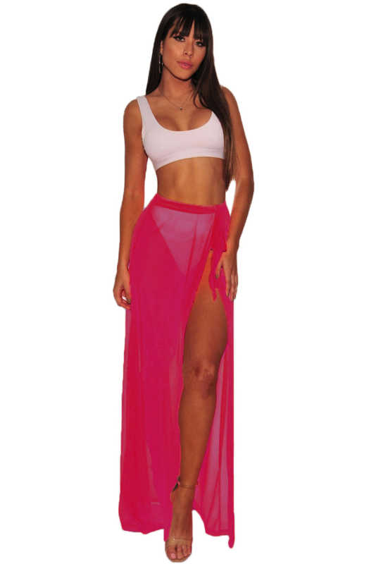 Neon Red Mesh Slit Cover Up Belted Maxi Skirt