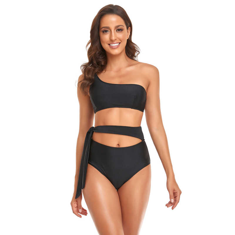Black One Shoulder Tie Waist Bikini Swimwear TQK610297-2