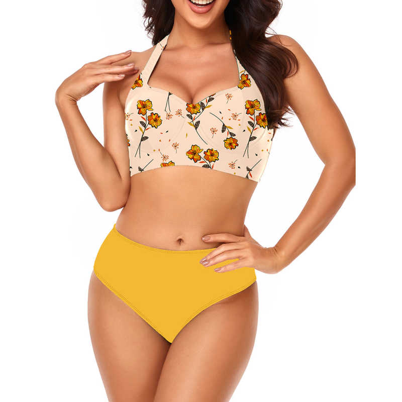 Yellow Padded Push-up Halter Bikini Set TQX610016-7