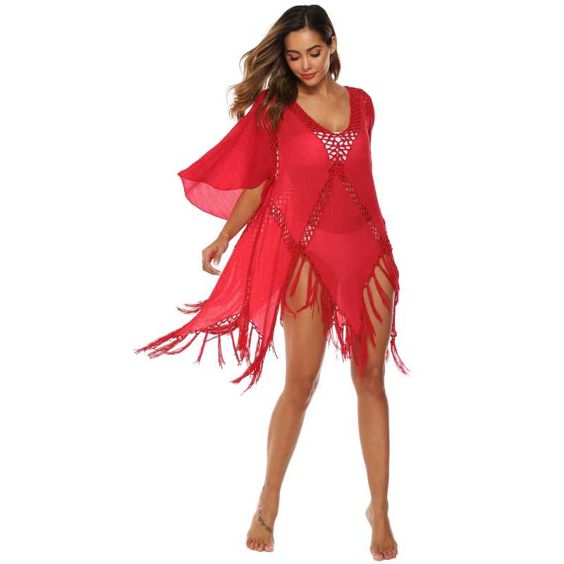 Red Hollow Out Tassel Beach Cover up GJZ00205-3