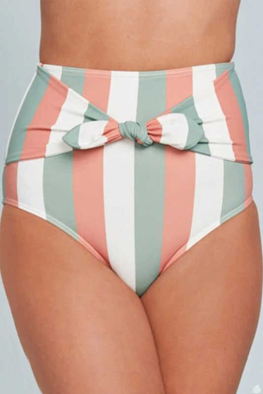 Multicolor Stripes Print Front Tie High Waist Bikini Bottoms LC472107-19