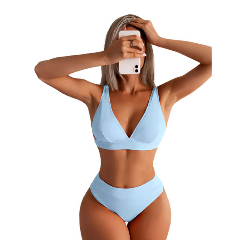 Light Blue Solid V Neckline 2 Piece Bikini Set TQK610269-30