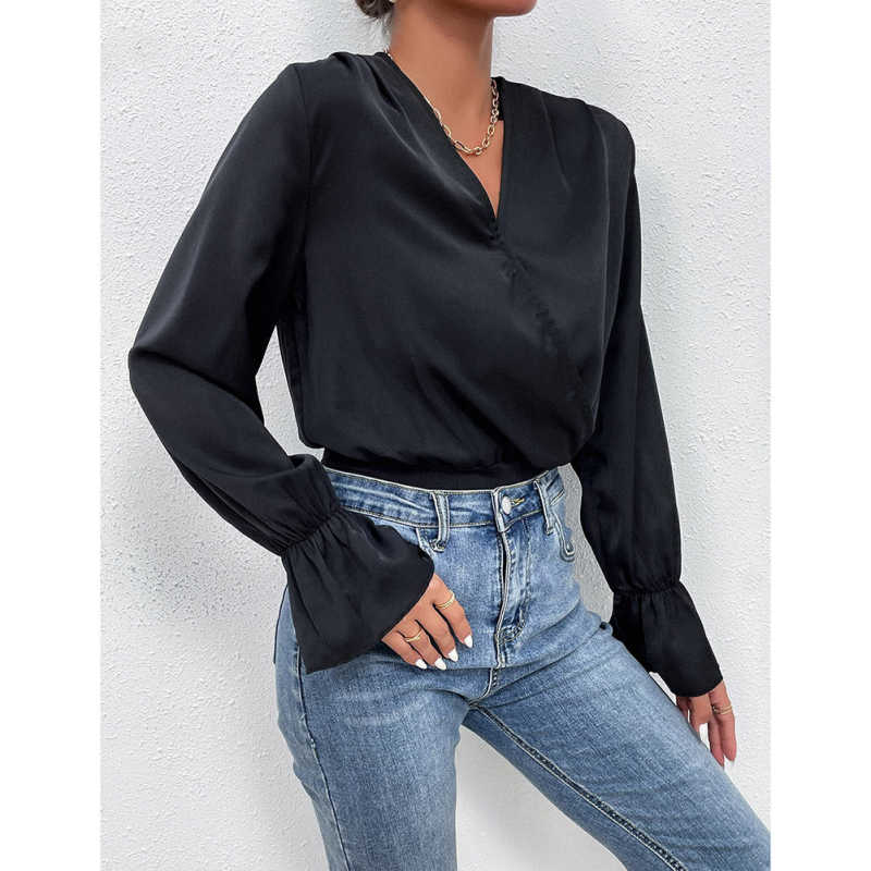 Black V Neck Wrap Long Sleeve Bodysuit TQV220137-2