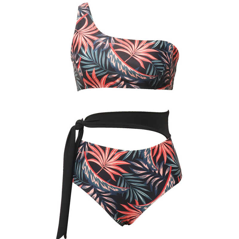Red One Shoulder Tie Waist Bikini Swimwear TQK610297-3