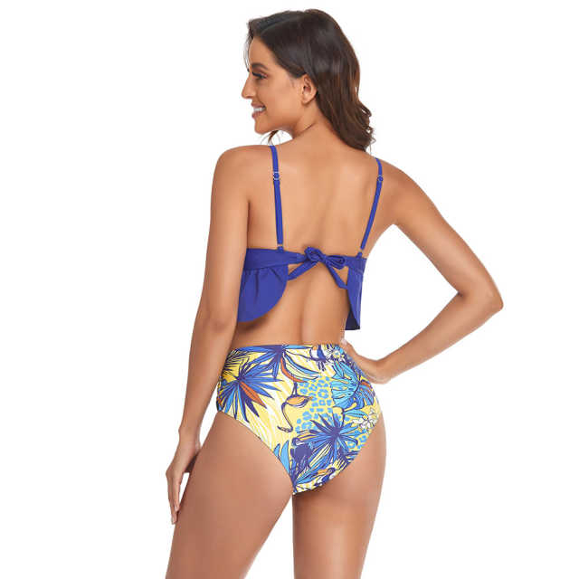 Blue Printed Ruffle Tie Back Tankini Swimwear TQK610301-5