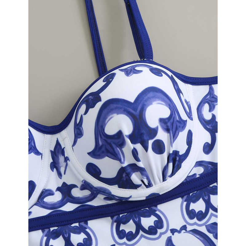 Blue and White Porcelain Printed Steel Boned One Piece Swimwear TQX620045-5