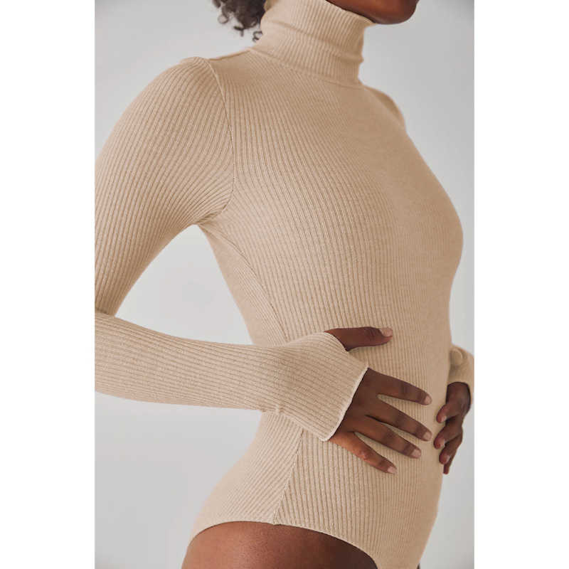 Apricot Ribbed High Collar Long Sleeve Bodysuit TQV220125-18