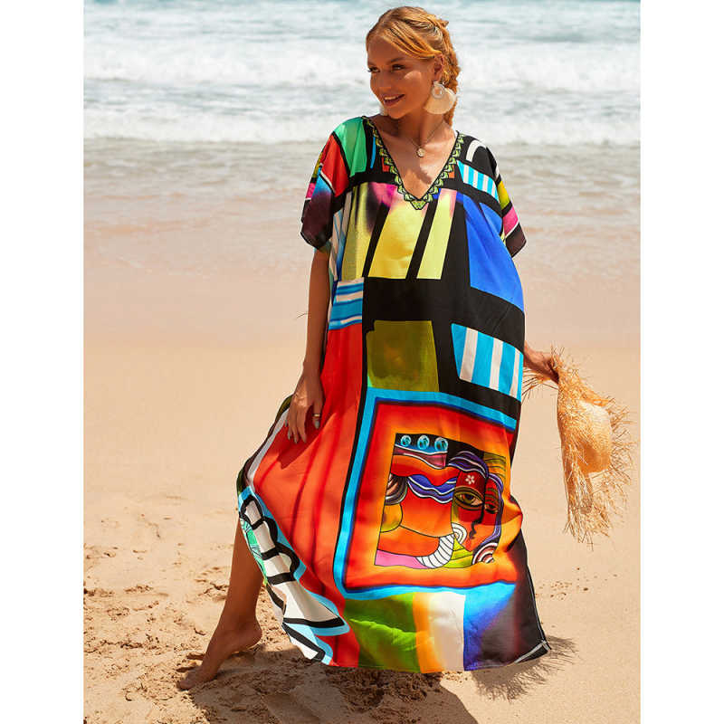 Black Graffiti Loose Beach Kimono Dress TQK650096-11