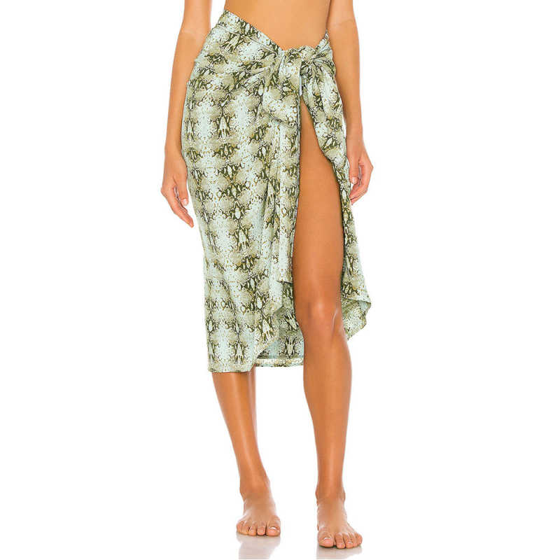 Khaki Snake Print Chiffon Beach Wrap Skirt TQK650083-21
