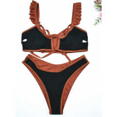 Wine Red Ruffle Detail Lace-up Bikini Set TQX610006-23
