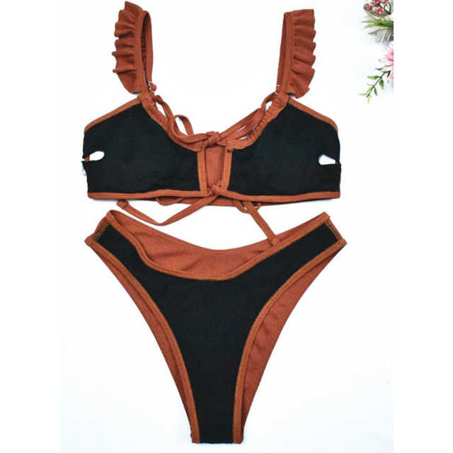 Wine Red Ruffle Detail Lace-up Bikini Set TQX610006-23