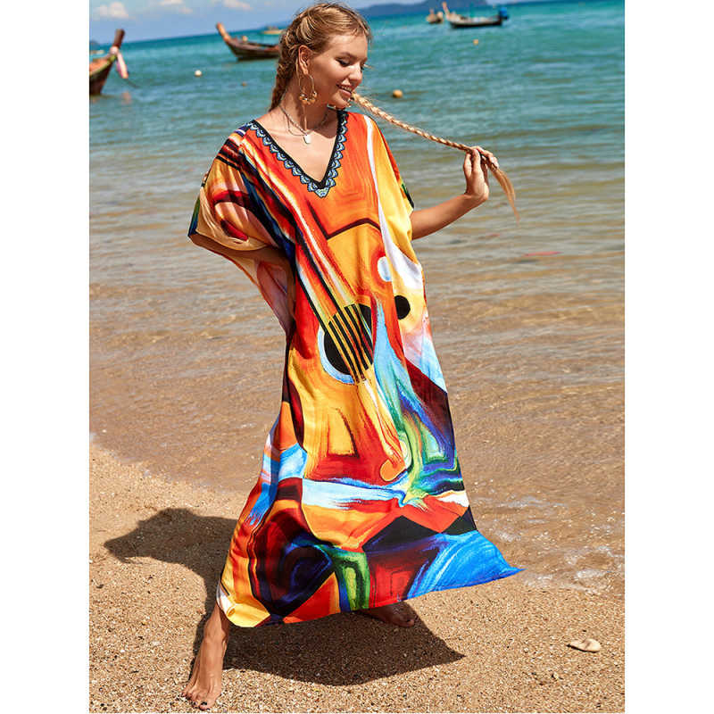 Orange Graffiti Loose Beach Kimono Dress TQK650096-1