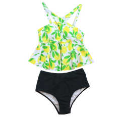 Light Green Floral Print Cross Ruffled  Tankini Set TQK610148-28