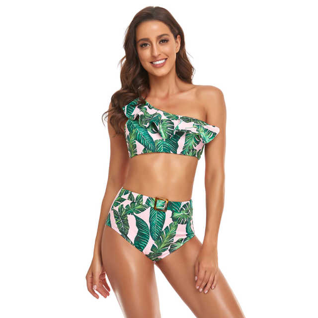 Green Printed One Shoulder Ruffle Bikini Swimwear TQK610299-9