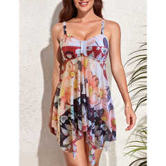 Orange Digital Print Pleated Swimdress Tankini Set TQV610002-14