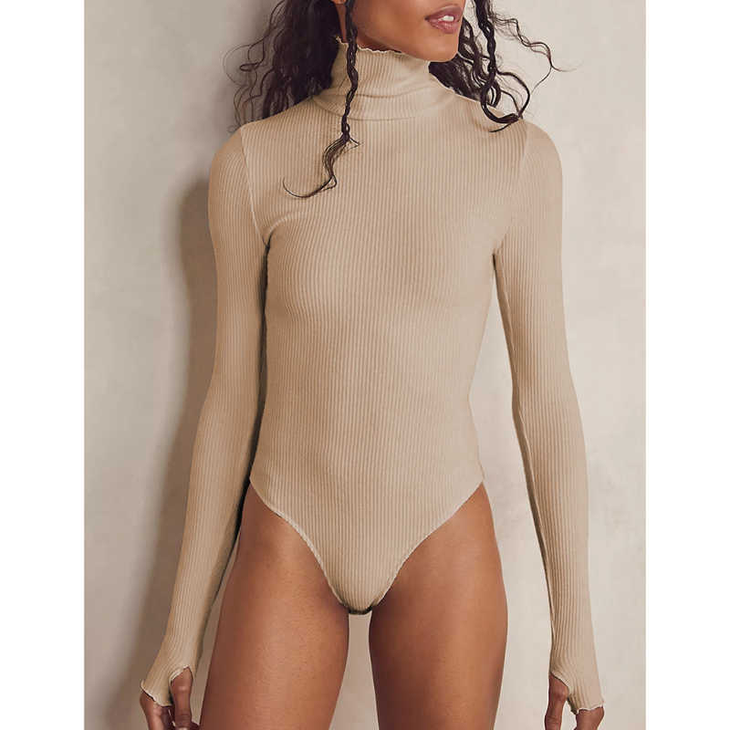 Apricot Ribbed High Collar Long Sleeve Bodysuit TQV220125-18