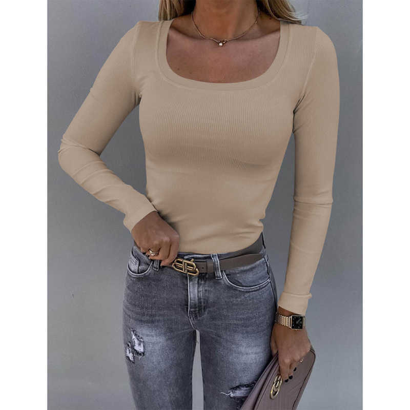 Apricot U Neck Ribbed Long Sleeve Bodysuit TQV220126-18