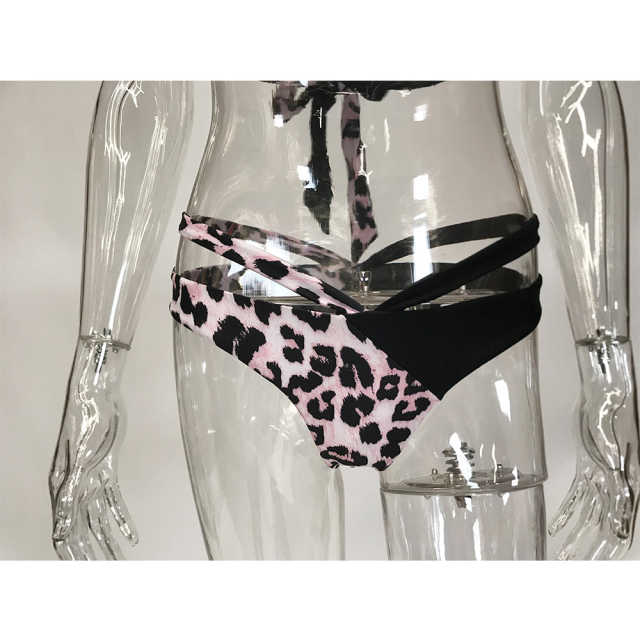 Leopard Printed Splice Black Cut-out Bikini Set TQK610259-20