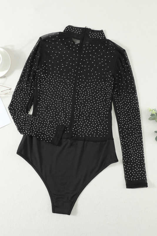 Black Mesh Silver Studded Mock Neck Bodysuit LC32211-2